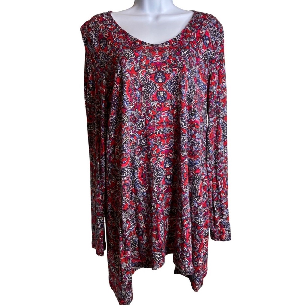 J. JILL Women's Red Paisley Oversized Tunic Top Sz M Boho Coastal Stretch Flowy